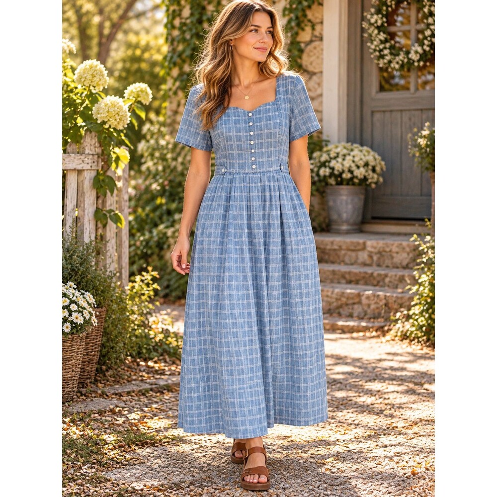 Erika & Co Vintage 90s Blue Denim Prairie Midi Dress M